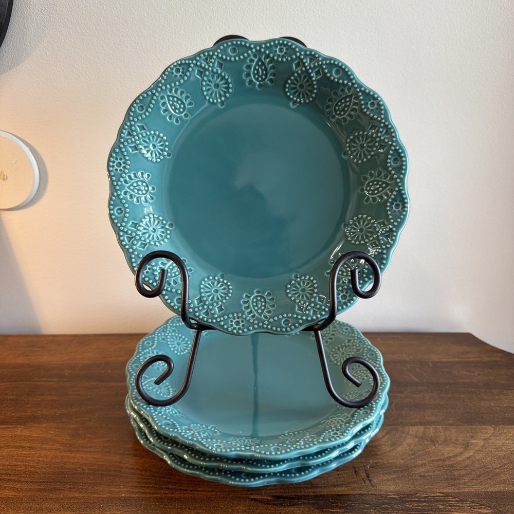 Set of 4 Pioneer Woman Cowgirl Lace Teal 8.5" Salad Dessert Luncheon Plates - Picture 2 of 8